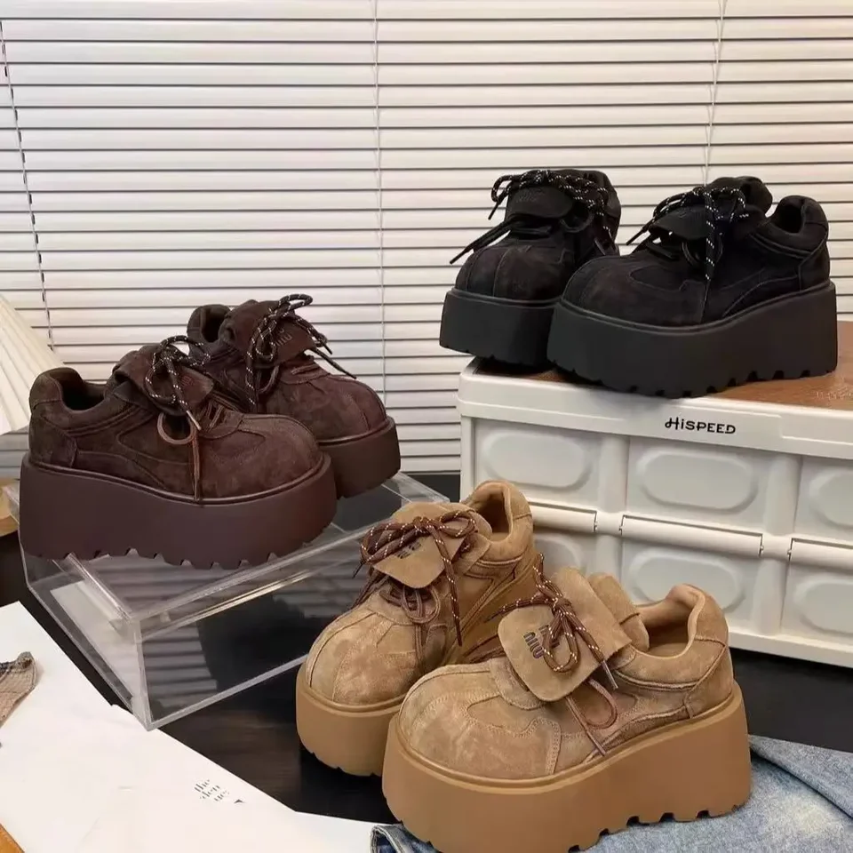 Novinka retro kožené dámské ploché boty s tlustou platformou podzimní zimní trendy