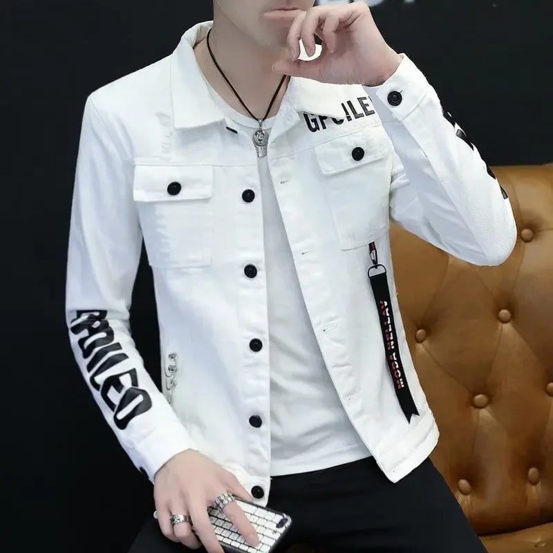 Pánská džínová bunda slim fit jarní styl streetwear módní lehká modrá bunda