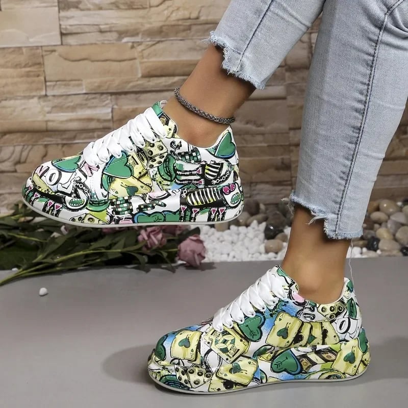 Dámské casual tenisky graffiti motiv šněrovací PU kůže běžecké boty 36-43
